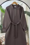 Yaka fermuarlı kuşaklı Elbise Kahve  BK9520
