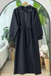 Yaka fermuarlı kuşaklı Elbise Siyah BK9520