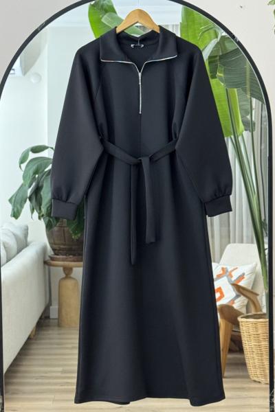 Yaka fermuarlı kuşaklı Elbise Siyah BK9520