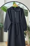 Yaka fermuarlı kuşaklı Elbise Siyah BK9520