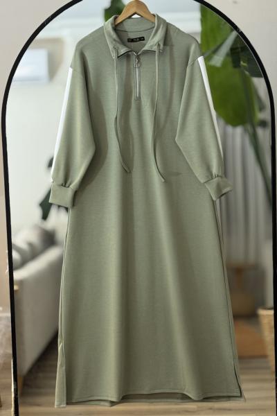 Yaka fermuarlı kol beyaz şeritli Elbise Yeşil  UMS40126