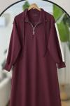 Yaka fermuarlı kol beyaz şeritli Elbise Bordo  UMS40126