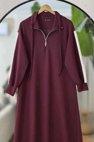 Yaka fermuarlı kol beyaz şeritli Elbise Bordo  UMS40126
