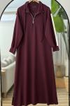 Yaka fermuarlı kol beyaz şeritli Elbise Bordo  UMS40126