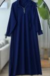 Yaka fermuarlı kol beyaz şeritli Elbise Lacivert UMS40126