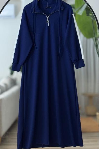 Yaka fermuarlı kol beyaz şeritli Elbise Lacivert UMS40126