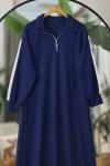 Yaka fermuarlı kol beyaz şeritli Elbise Lacivert UMS40126