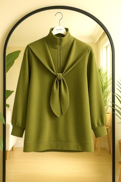 Yaka fermuarlı atkılı Tunik Yağyeşil BK9531