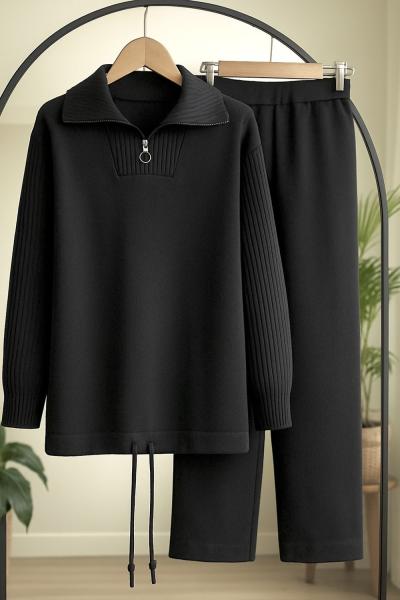 Yaka Fermuarlı Triko Takım Siyah SLT8051