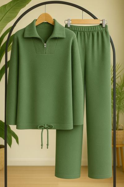 Yaka Fermuarlı Triko Takım Yeşil  SLT8051