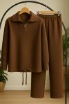 Yaka Fermuarlı Triko Takım Kahverengi  SLT8051
