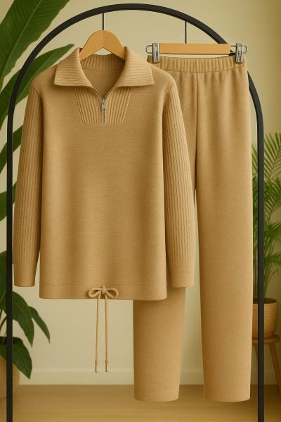 Yaka Fermuarlı Triko Takım Camel  SLT8051