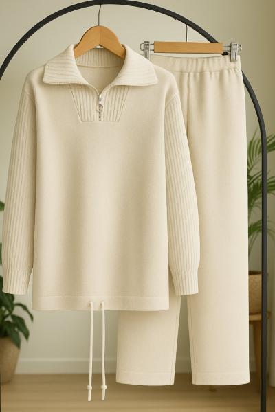 Yaka Fermuarlı Triko Takım Ekru SLT8051