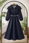 Yaka fermuarlı  Bel Lastikli Elbise Lacivert BK9555