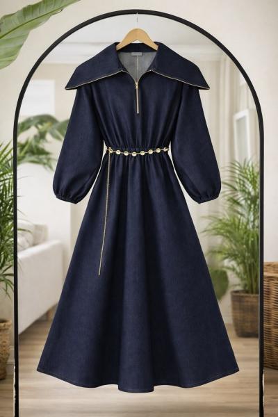 Yaka fermuarlı  Bel Lastikli Elbise Lacivert BK9555