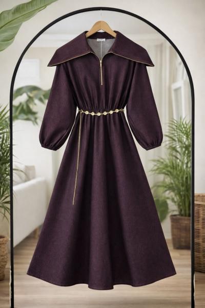 Yaka fermuarlı  Bel Lastikli Elbise Mürdüm BK9555