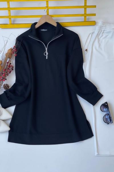 Yaka fermuarlı cepli tunik Siyah SLT30106