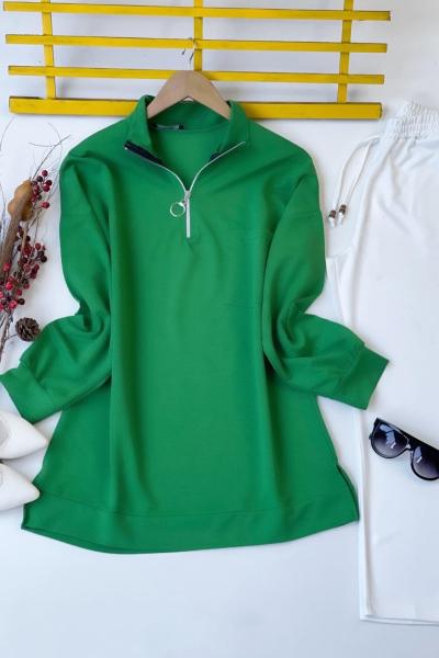 Yaka fermuarlı cepli tunik YEŞİL SLT30106