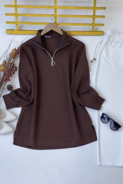 Yaka fermuarlı cepli tunik KAHVE SLT30106