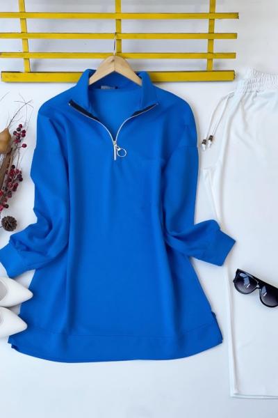 Yaka fermuarlı cepli tunik Mavi SLT30106