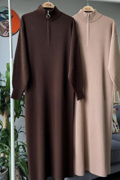 Yaka fermuarlı triko elbise Kahve TCN4049