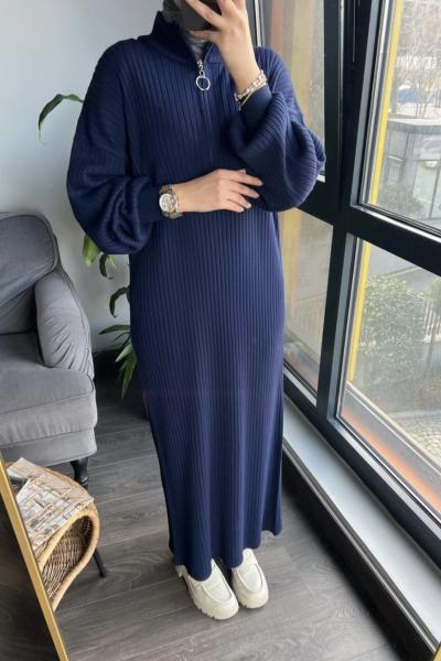 Yaka fermuarlı triko elbise Lacivert TCN4049