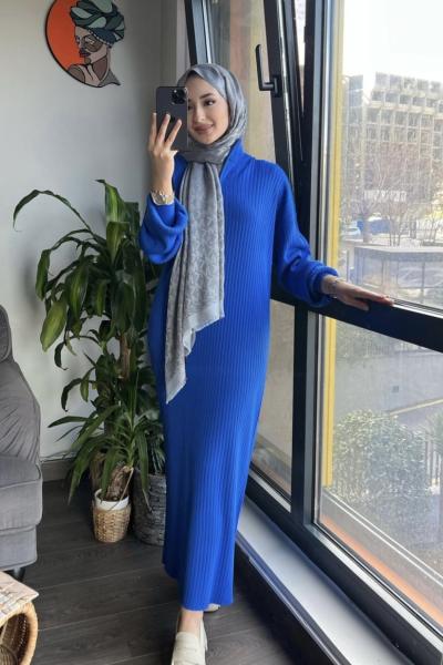 Yaka fermuarlı triko elbise saks  TCN4049