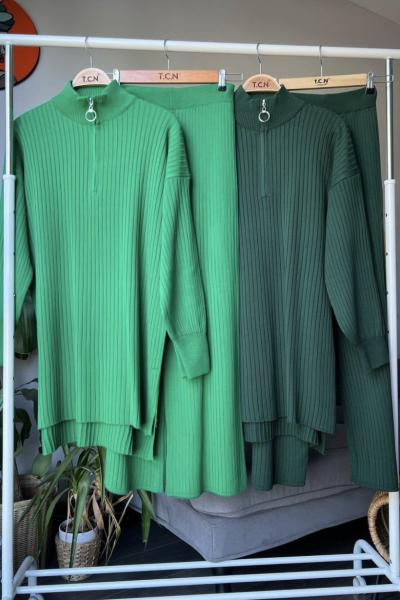 Yaka fermuarlı triko takım zümrüt yeşilTCN4054