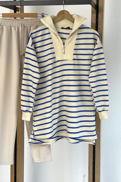 Yaka fermuarlı çizgili tunik Mavi SLT30149