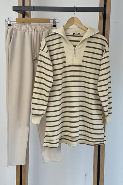 Yaka fermuarlı  çizgili tunik kahve SLT30149