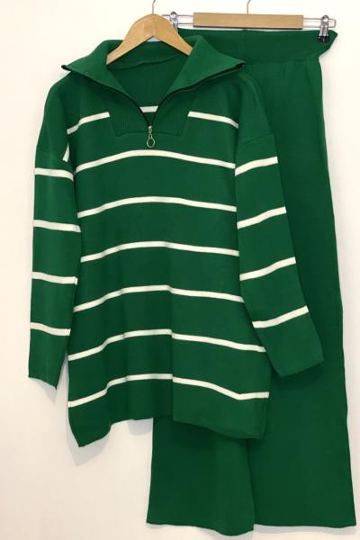 Yaka fermuarlı İnce Çizgili Triko Takım yeşil SLT30168