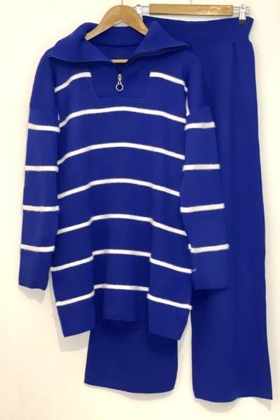 Yaka fermuarlı İnce Çizgili Triko Takım saks SLT30168