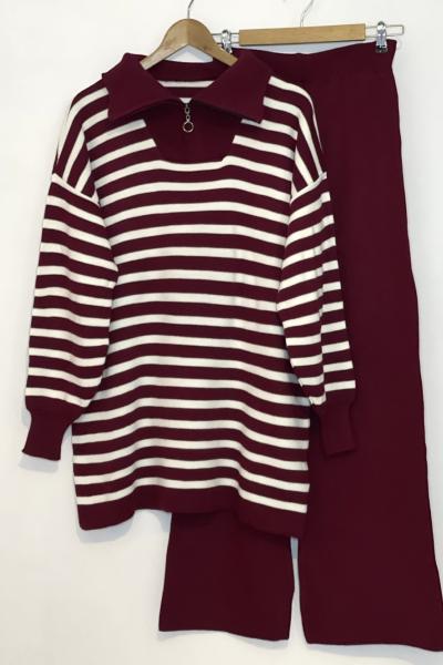 Yaka fermuarlı çizgili triko takım Bordo  SLT30179