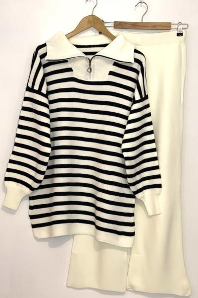 Yaka fermuarlı çizgili triko takım  Beyaz SLT30179