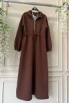 Yaka fermuarlı üçiplik elbise kahverengi UMS50123