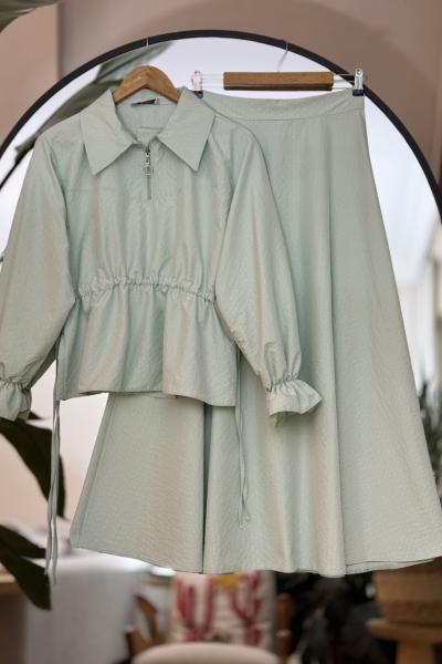 Yaka fermuarlı Bel Bağcıklı Etek Blüz Takım mint SLT30303