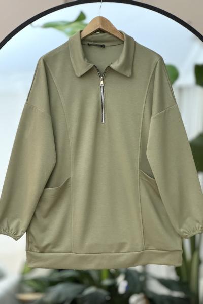 Yaka Fermuarlı Cuval cepli Tunik yeşil NEW6016