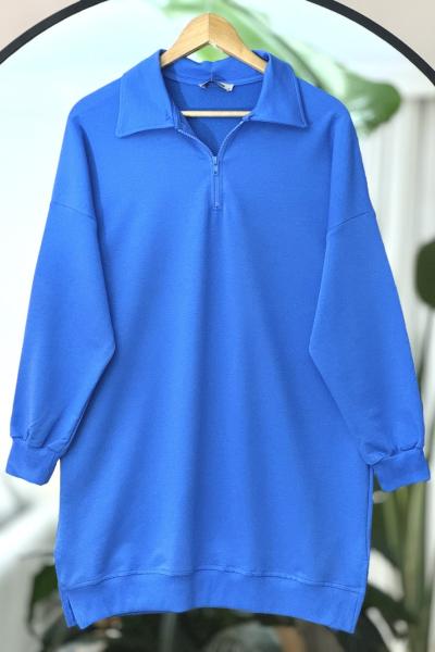 Yaka Fermuarlı iki iplik kumaş Tunik Mavi DST2030