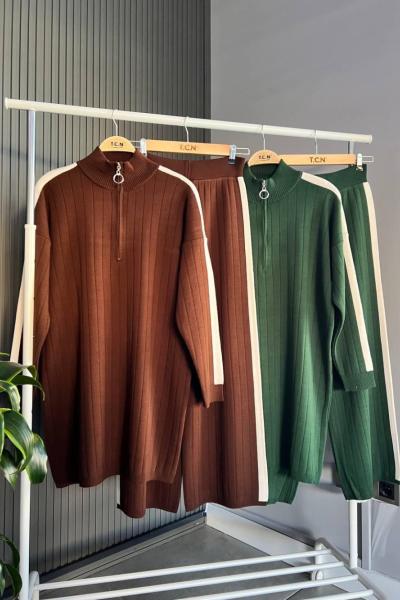 Yaka fermuarlı Tek çizgi Triko Takım Kahve TCN4079