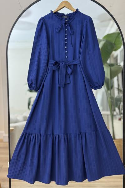 Yaka fırfırlı önü düğmeli tesettür elbise Lacivert NW6051