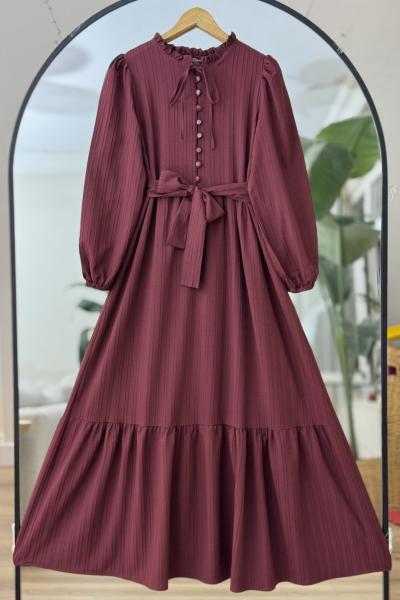 Yaka fırfırlı önü düğmeli Tesettür elbise Bordo NW6051