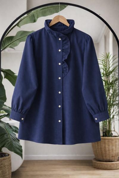 Yaka fırfırlı taş düğmeli tunik lacivert TB8064