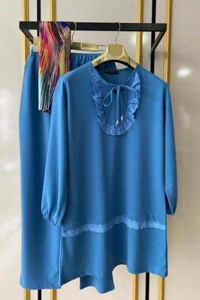 Yaka fırfırlı Dantel Detaylı Takım Mavi TCN964