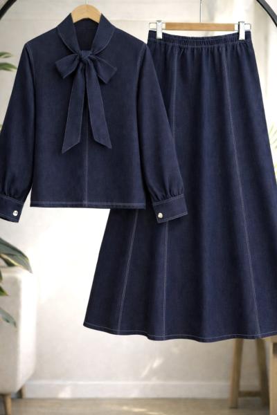Yaka fiyonk Bağlamalı Kot Takım Lacivert TCN40154