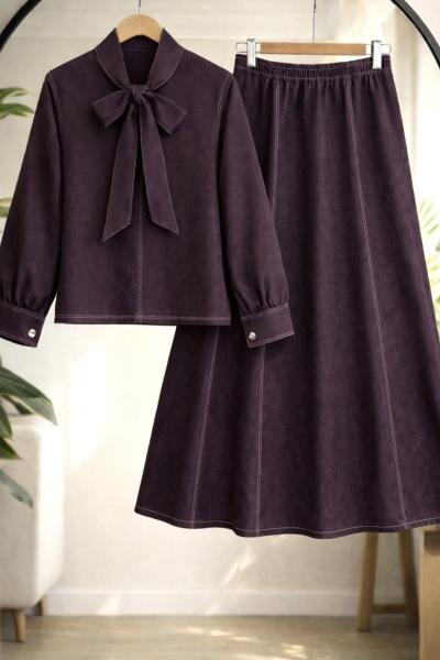 Yaka fiyonk Bağlamalı Kot Takım Mürdüm TCN40154