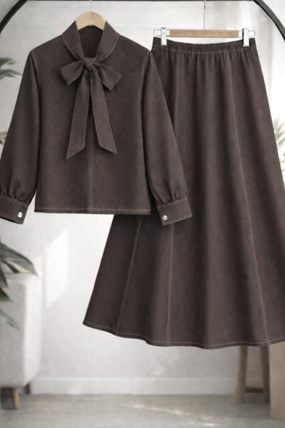 Yaka fiyonk Bağlamalı Kot Takım Kahverengi TCN40154