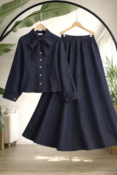 Yaka fiyonklu Düğmeli Kot Takım Lacivert UMS50339