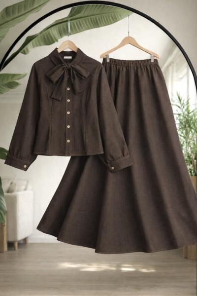 Yaka fiyonklu Düğmeli Kot Takım Kahverengi UMS50339