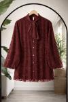 Yaka fiyonklu astarlı tül tunik Bordo TB8058