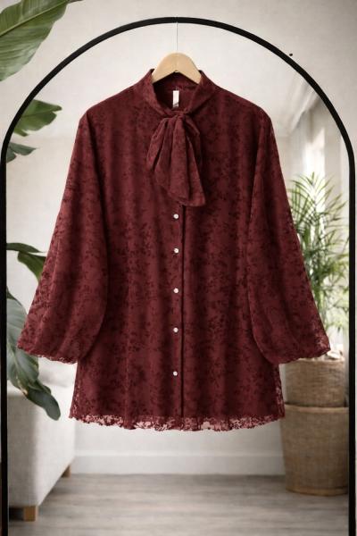 Yaka fiyonklu astarlı tül tunik Bordo TB8058